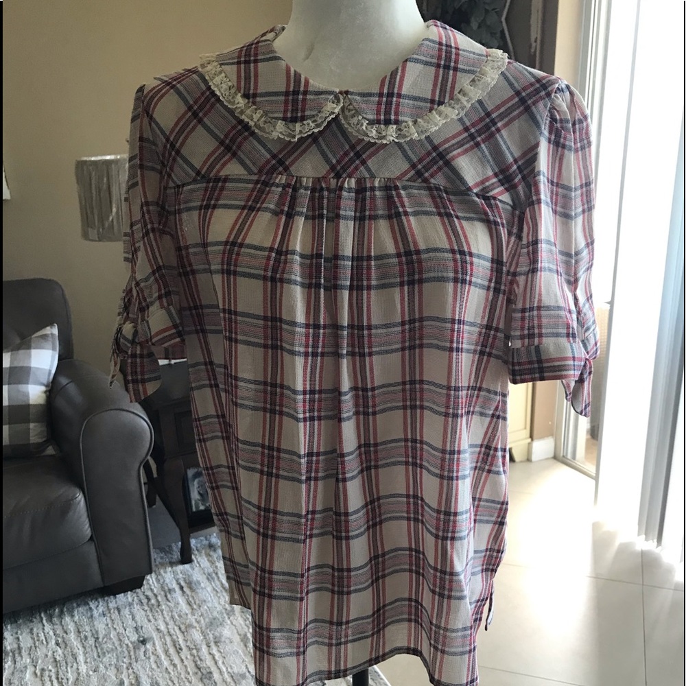 Zara Plaid Blouse with Lace Collar - Red and White